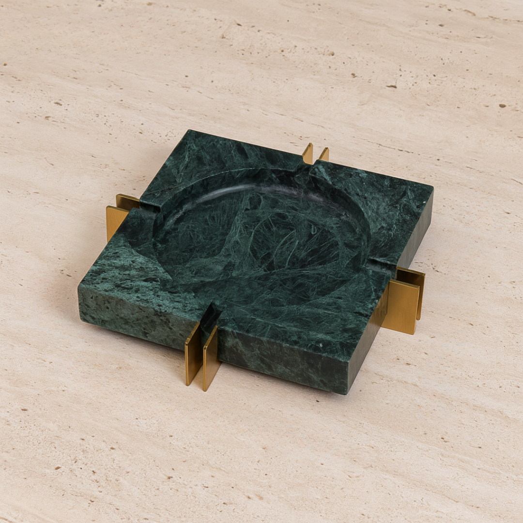 Modern Luxe Square Marble Ashtray – Solid Stone with Brass Accents (2kg)