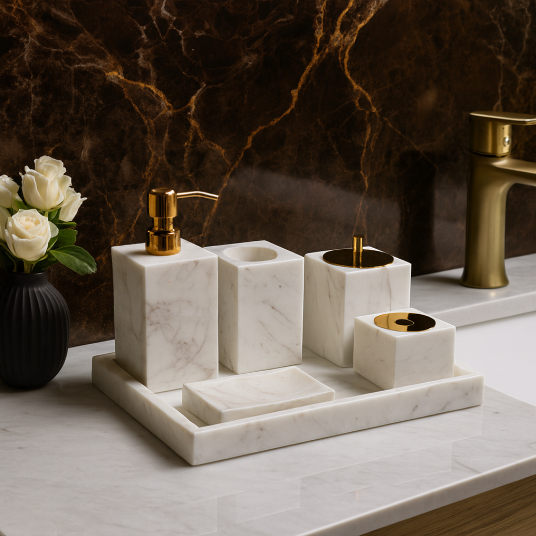 Luxury 6-Piece Marble Bathroom Set – Solid Stone Toiletry Organizer