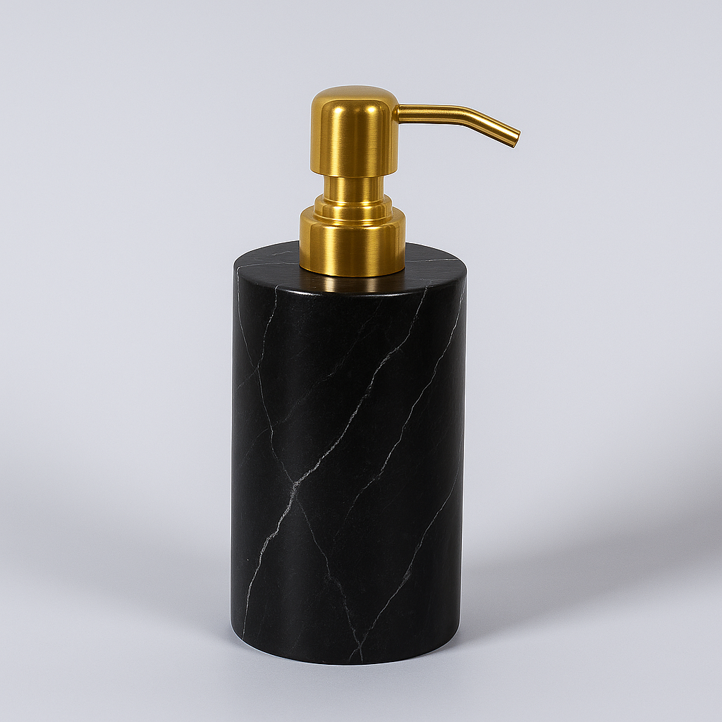 Runde Marmor-Seifenspender – Massiver Stein mit goldener Metallpumpe (1kg)