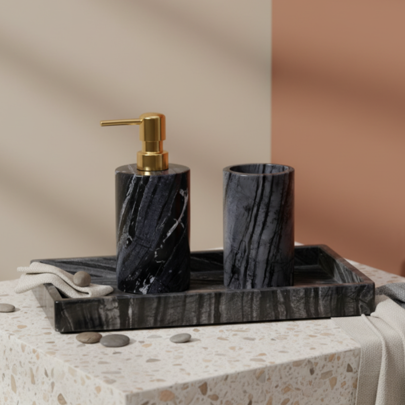 Averra Black Wooden Marble Bathroom Set