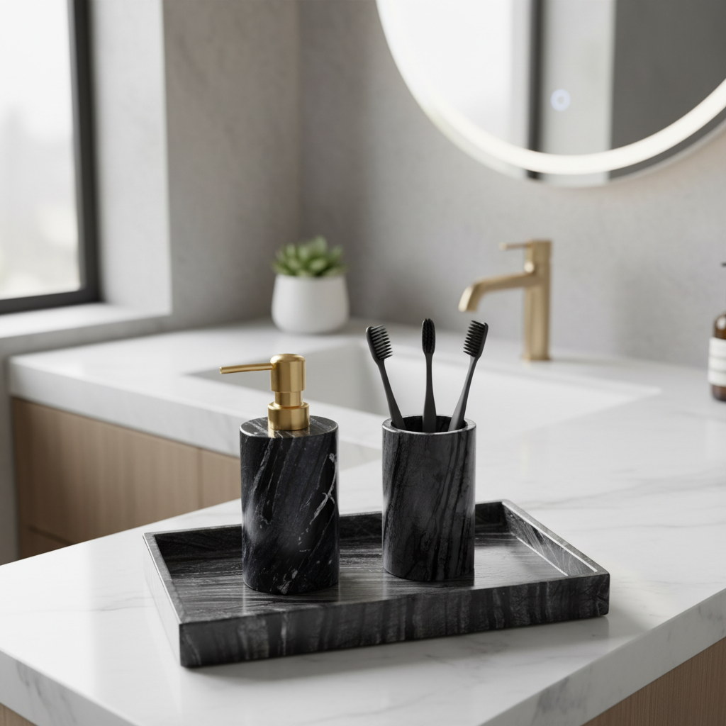 Averra Black Wooden Marble Bathroom Set