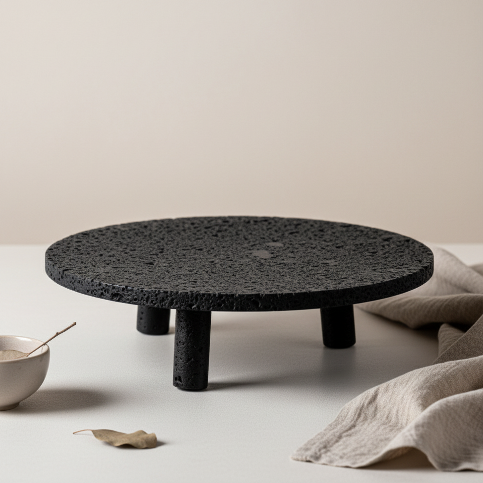 Noir Elevé Travertin Obsttablett – Geformter Sockel aus schwarzem Travertinstein