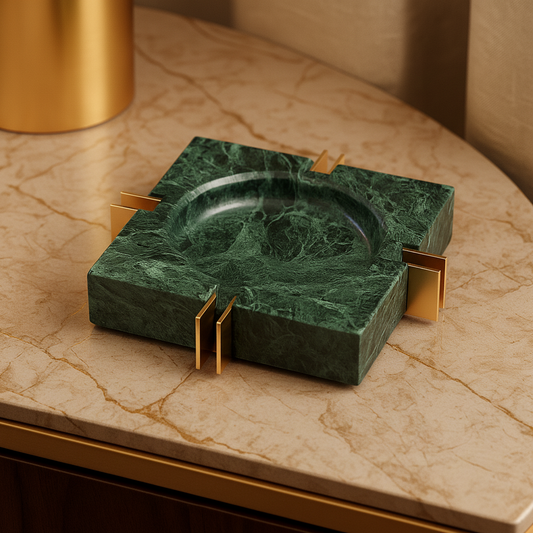 Modern Luxe Square Marble Ashtray – Solid Stone with Brass Accents (2kg)