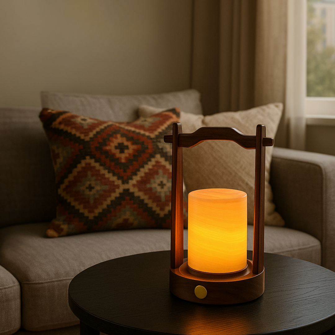 Arden Marble Lantern Lamp – Solid Stone with Wooden Frame