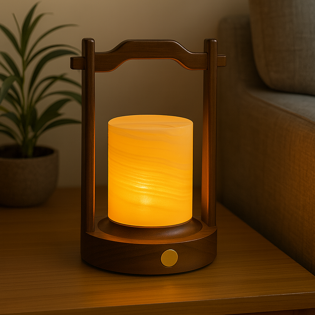 Arden Marble Lantern Lamp – Solid Stone with Wooden Frame