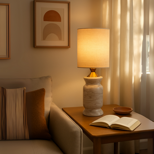 Serena Marble Table Lamp – Solid Stone Base with Linen Shade