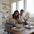 Couple arranging marble accessories in bright living room