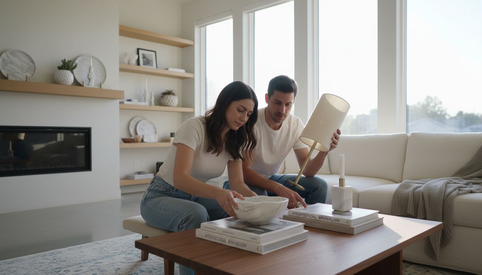 Couple arranging marble accessories in bright living room