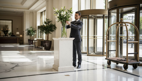 Concierge arranging lilies in marble hotel foyer