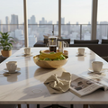 Marble dining table in sunlit penthouse