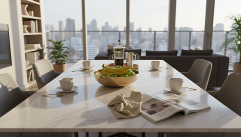Marble dining table in sunlit penthouse