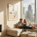 Couple in penthouse with travertine accents