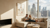 Couple in penthouse with travertine accents