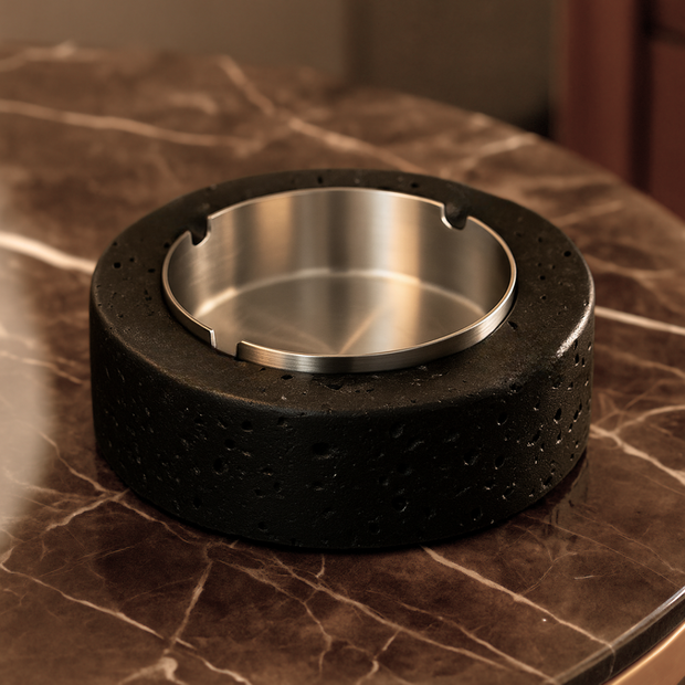 Volcanic Luxe Round Marble Ashtray – Solid Stone with Brushed Steel Insert (1.4kg)