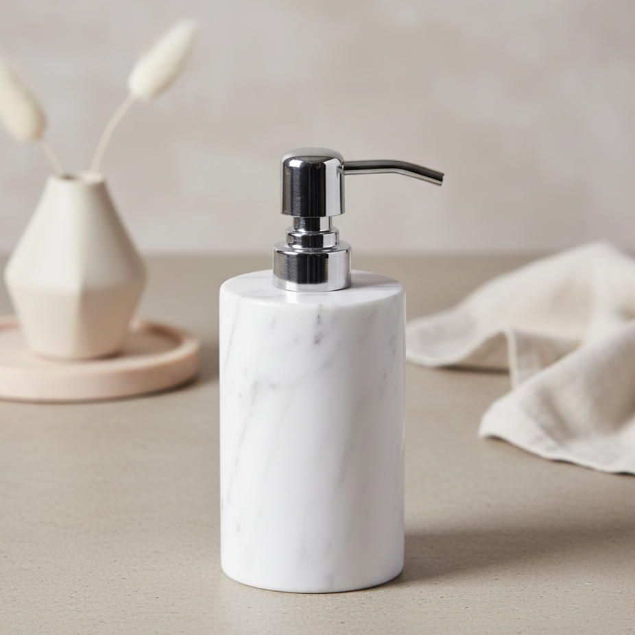 Runde Marmor-Seifenspender – Massiver Stein mit Metallpumpe (1kg)