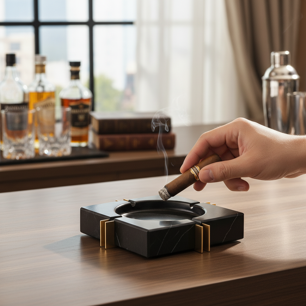 Moderner Luxus Quadratischer Marmor Aschenbecher – Massiver Stein mit Messingakzenten (2kg)