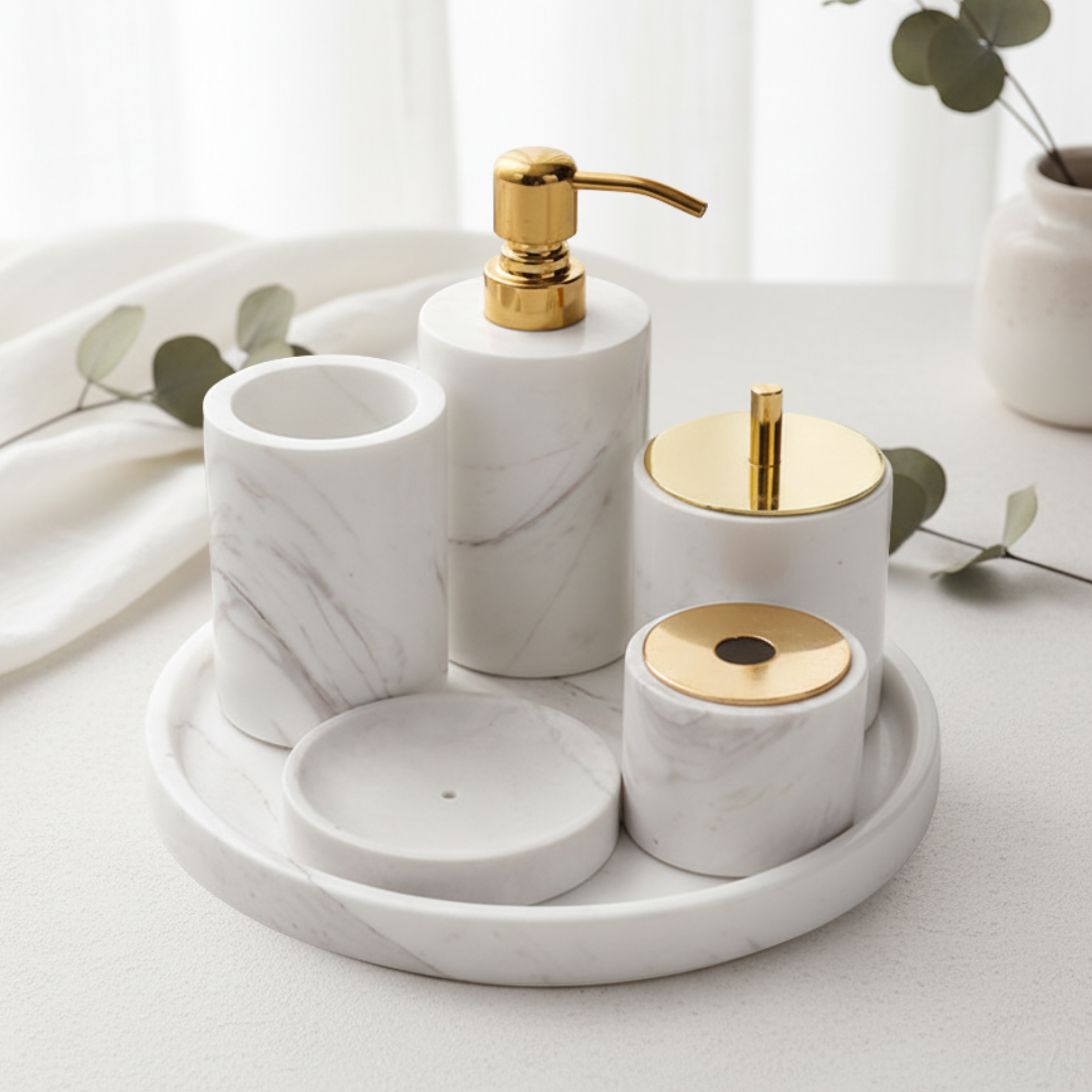 Luxus 6-teiliges Marmor Badezimmer Set – Massiver Stein