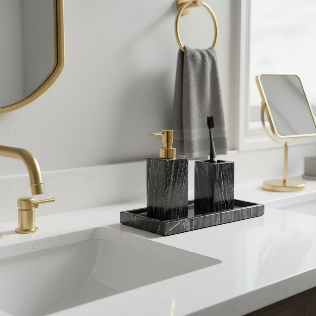 Cortara Black Wooden Marble Bathroom Set