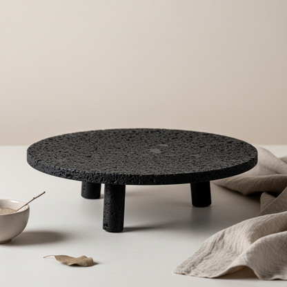 Noir Elevé Travertin Fruittray – Gesculpteerde voetstuk in zwart travertinsteen