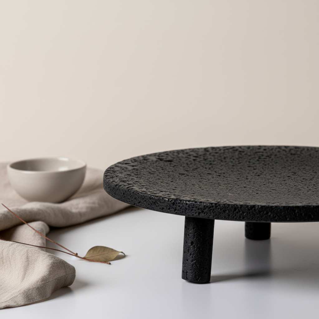Noir Elevé Travertin Fruittray – Gesculpteerde voetstuk in zwart travertinsteen
