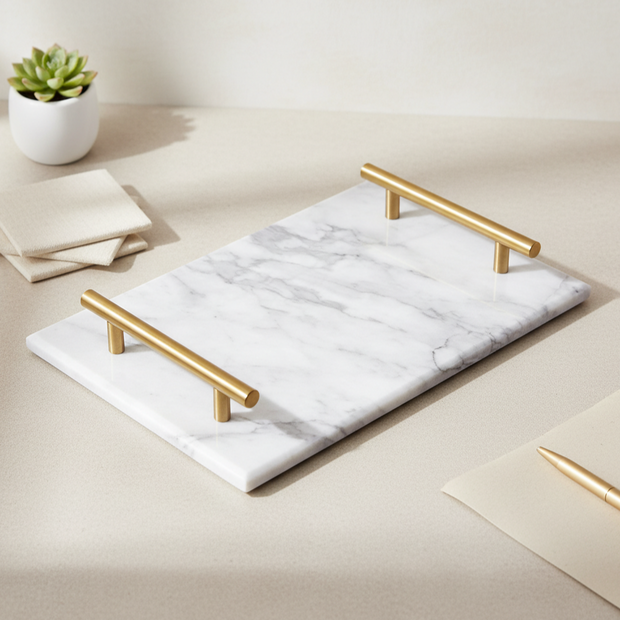Gilded Harbor Marble Tray – Brass-Handled Stone Serving Tray