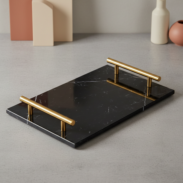 Gilded Harbor Marble Tray – Brass-Handled Stone Serving Tray