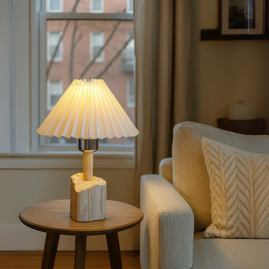 Valora Travertine Table Lamp – Solid Stone Base with Pleated Shade